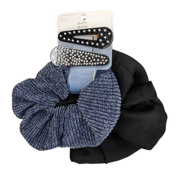 Berry Accessories - Berry Hair Scrunchie and Barrette Set Blue Black Shimmer Set of 2 Pack